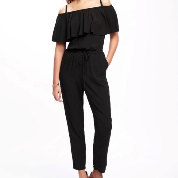 Old Navy Ruffled Off The Shoulder Black Ankle Length Jumpsuit Size Small - Picture 1 of 16